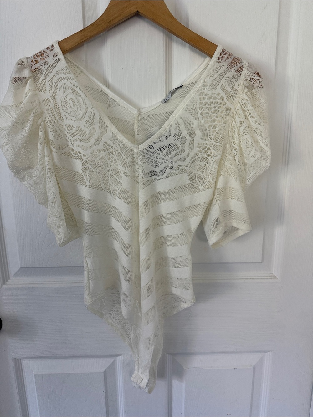 Fashion Nova Ivory Lace V-Neck Striped Bodysuit
